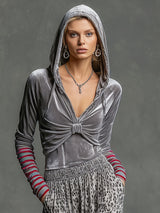 Casual Retro Gray Velvet Hooded Top And Chiffon Leopard Print Skirt Set