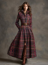 Plaid Lapel Maxi Dress in Reddish Brown
