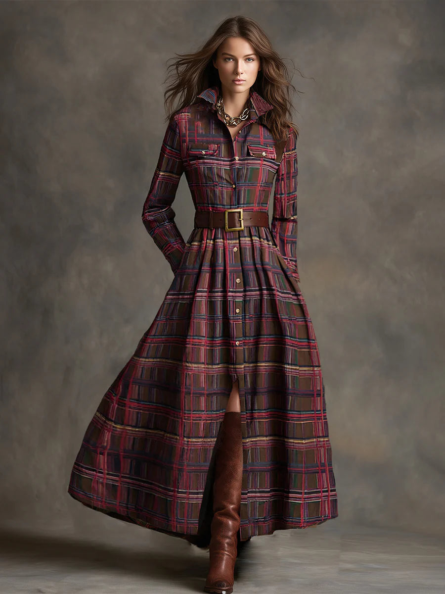 Plaid Lapel Maxi Dress in Reddish Brown