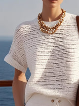 【24-hour shipping out】Casual Fashionable Holiday Style Hollow Knitted White Short-Sleeved Shorts Suit