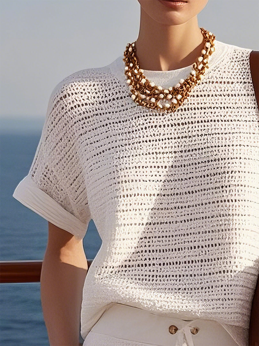 【24-hour shipping out】Casual Fashionable Holiday Style Hollow Knitted White Short-Sleeved Shorts Suit