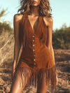 【24-hour shipping out】Western Vintage Brown Suede Fringe Sleeveless Mini Dress