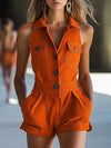 【24-hour shipping out】Casual Retro Orange Shirt Collar Sleeveless Jumpsuit