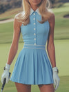 【24-hour shipping out】Elegant Sports White Button Detail Baby Blue Sleeveless Mini Dress