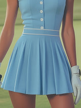【24-hour shipping out】Elegant Sports White Button Detail Baby Blue Sleeveless Mini Dress