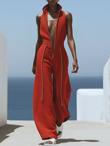 【24-hour shipping out】Casual Retro Red Cotton and Linen Zipper Sleeveless Elastic Waist Wide Leg Jumpsuit