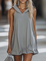 【24-hour shipping out】Casual Fashion Loose Grey Sleeveless Hoodie Style Mini Dress