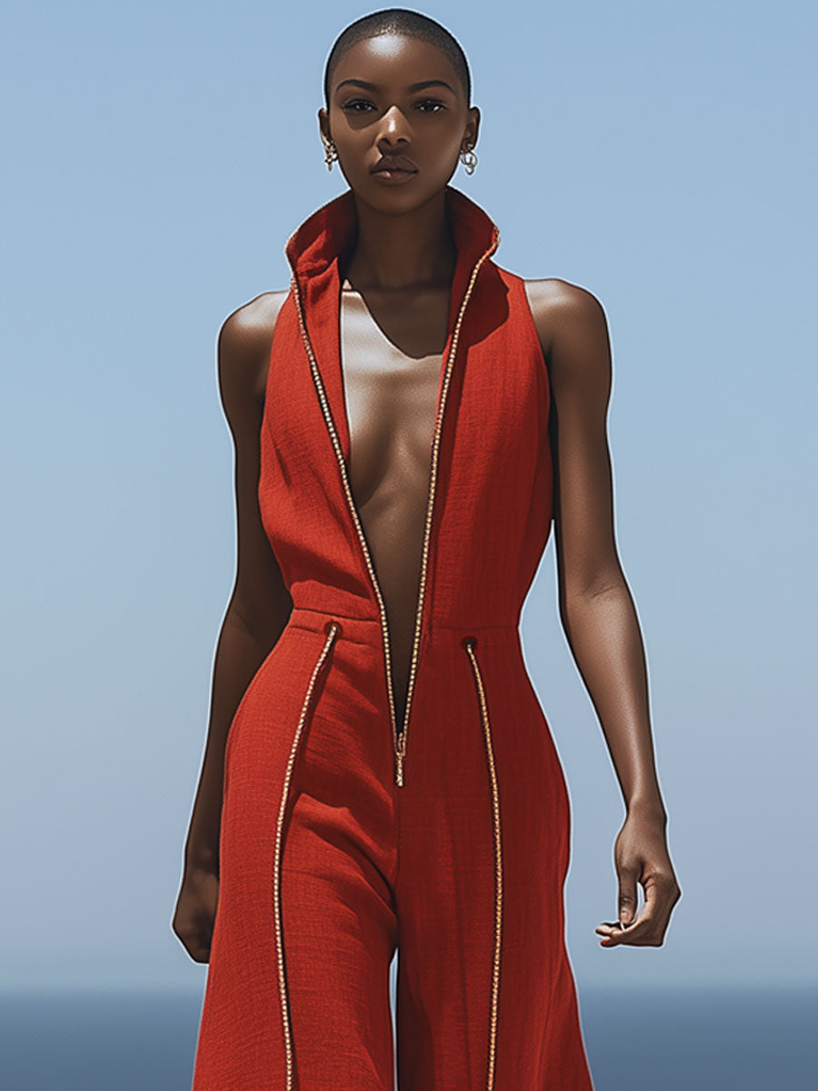 【24-hour shipping out】Casual Retro Red Cotton and Linen Zipper Sleeveless Elastic Waist Wide Leg Jumpsuit