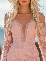 【24-hour shipping out】Fashion Western Spaghetti Strap Off-Shoulder Hem Tassel Pink Lace Mini Dress