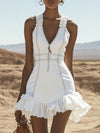 【24-hour shipping out】Stylish Casual White Denim Zipper Ruffle Trim Mini Dress