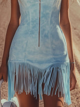 【24-hour shipping out】Fashion Vintage Cyan Blue Suede Sleeveless Tassel Mini Dress
