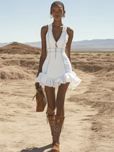 【24-hour shipping out】Stylish Casual White Denim Zipper Ruffle Trim Mini Dress