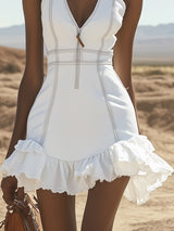 【24-hour shipping out】Stylish Casual White Denim Zipper Ruffle Trim Mini Dress