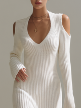 Casual Elegant Relaxed V-neck Side Slits Knitted Midi Dress
