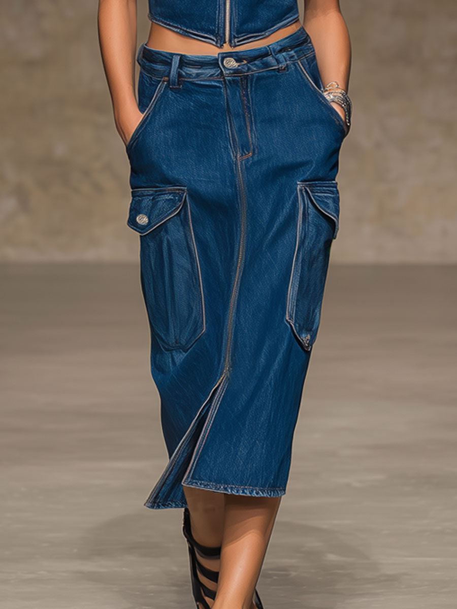 Casual Retro Dark Blue Denim Vest And Workwear Skirt Set