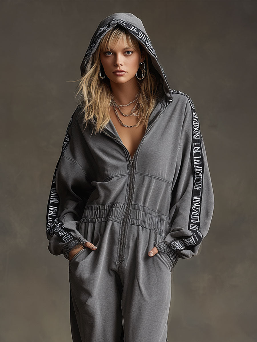 Sporty Retro Letter Webbing Dark Gray Pure Cotton Long-Sleeved Hooded Jumpsuit