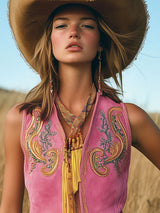 【24-hour shipping out】Casual Loose Vintage Gold Embroidery Pink Suede Tassel Vest