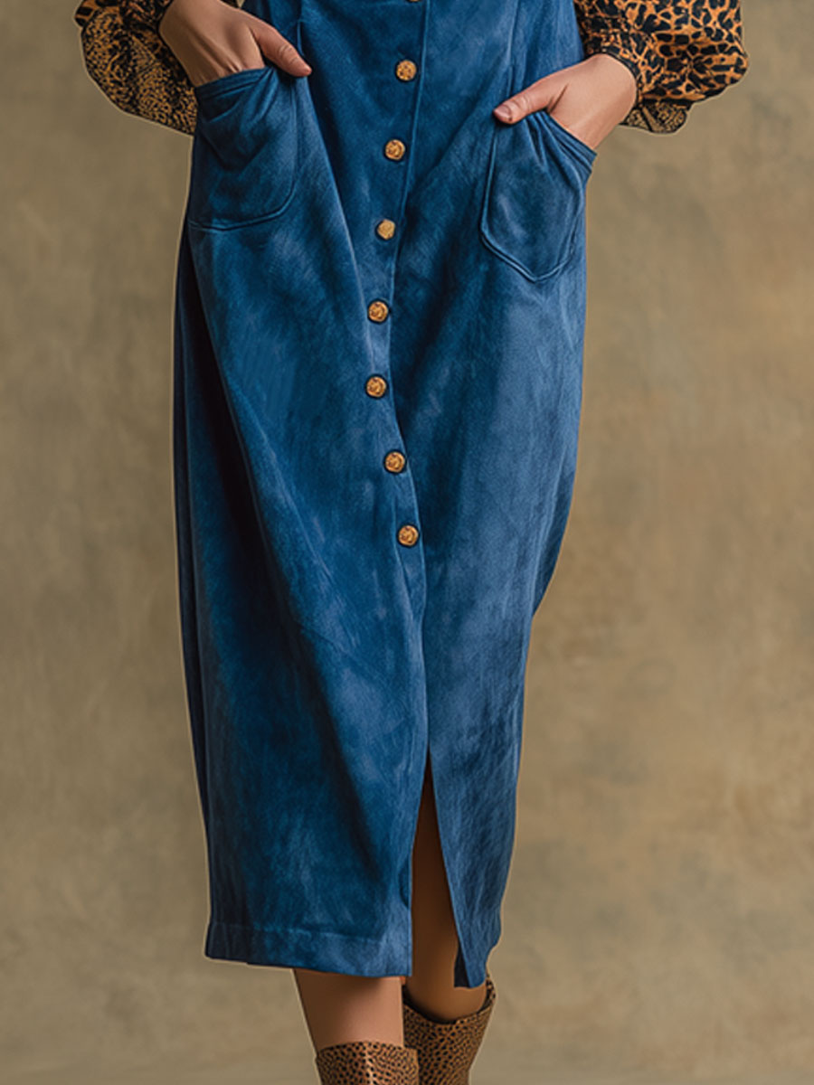 Western Retro Long-Sleeved Chiffon Leopard Print Blue Faux Suede Midi Dress