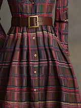 Plaid Lapel Maxi Dress in Reddish Brown