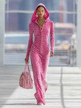 Sporty Zip-up Hooded Leopard-print Velvet Maxi Dress