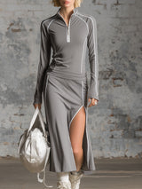 Sporty Style Stand-collar Top With Contrasting Trim And Matching Skirt Set
