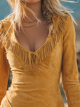 Stylish Retro Western-style Yellow Faux Suede Fringed Mini Dress