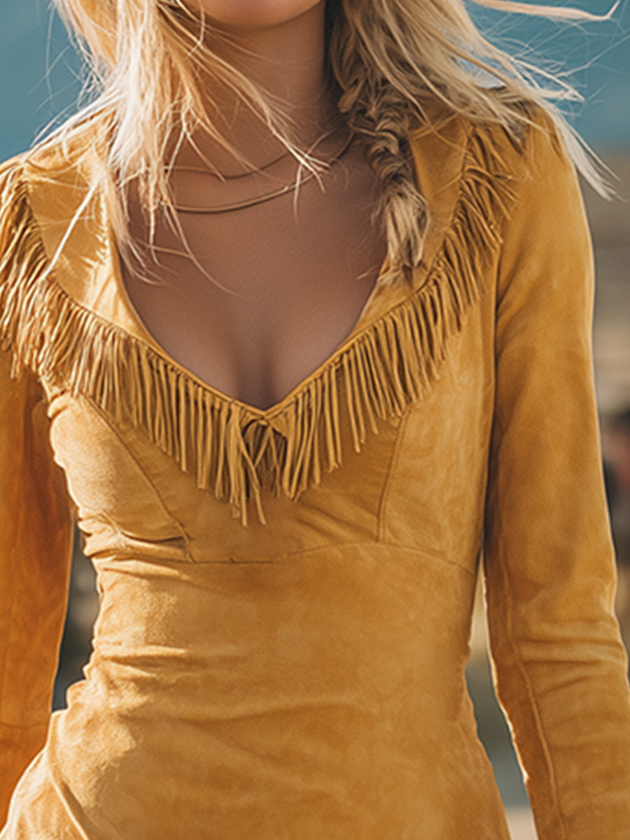 Stylish Retro Western-style Yellow Faux Suede Fringed Mini Dress