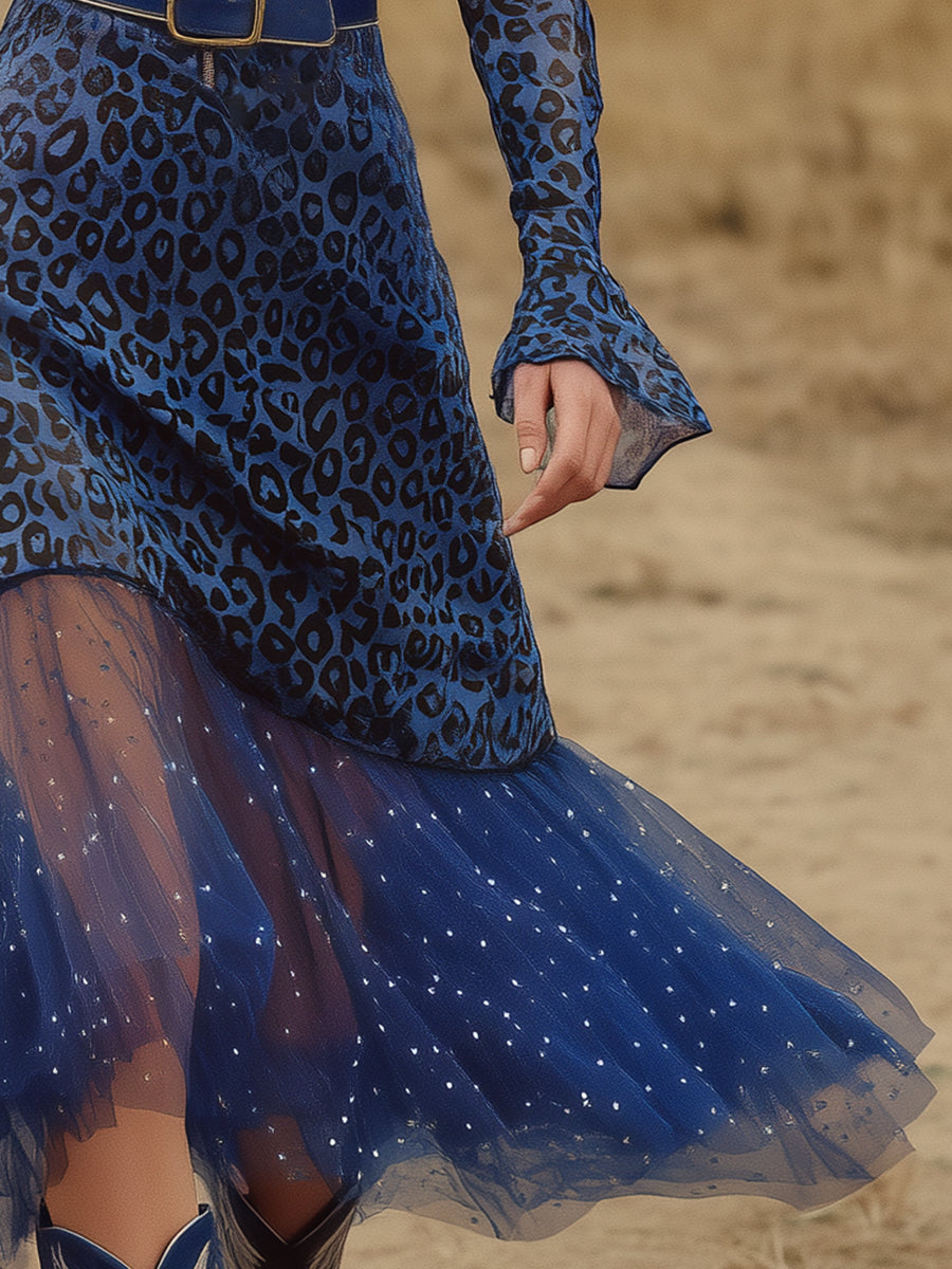 Western-style Blue Leopard Print ChiffonWith A Half-zip Closure Midi Dress