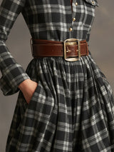 Plaid Lapel Maxi Dress in Reddish Brown