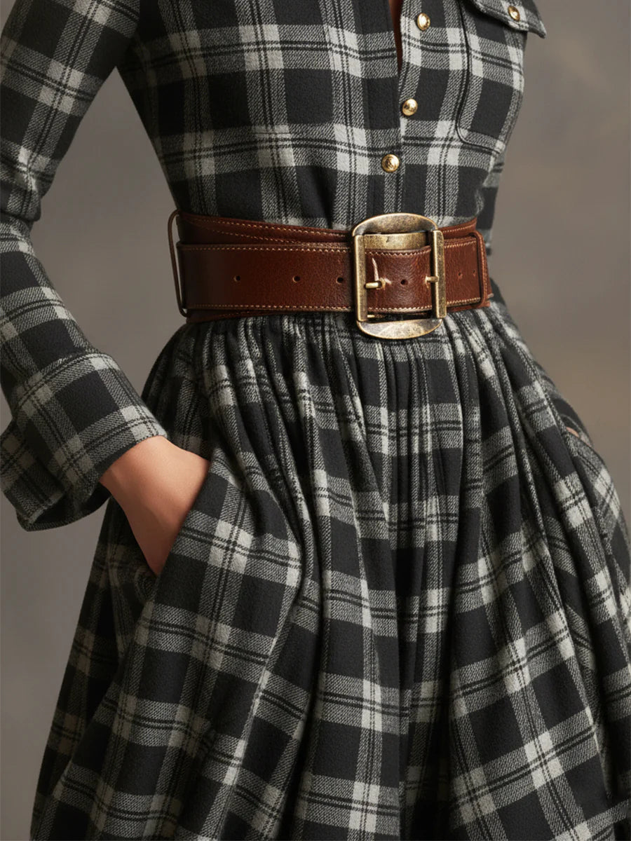 Plaid Lapel Maxi Dress in Reddish Brown