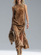 Leopard Print Crew Neck Sleeveless Vest And Split-hem Velvet Skirt Set