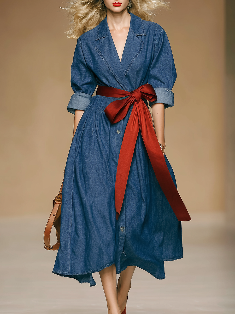 Lazy And Retro V-neck Denim Midi Dress