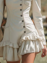 Vintage-style Round-neck Multi-button Ruffled Denim Long-sleeved Mini Dress