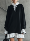 Stylish And Sporty Color-blocked Ruffled Collar And Hem Black Mini Dress