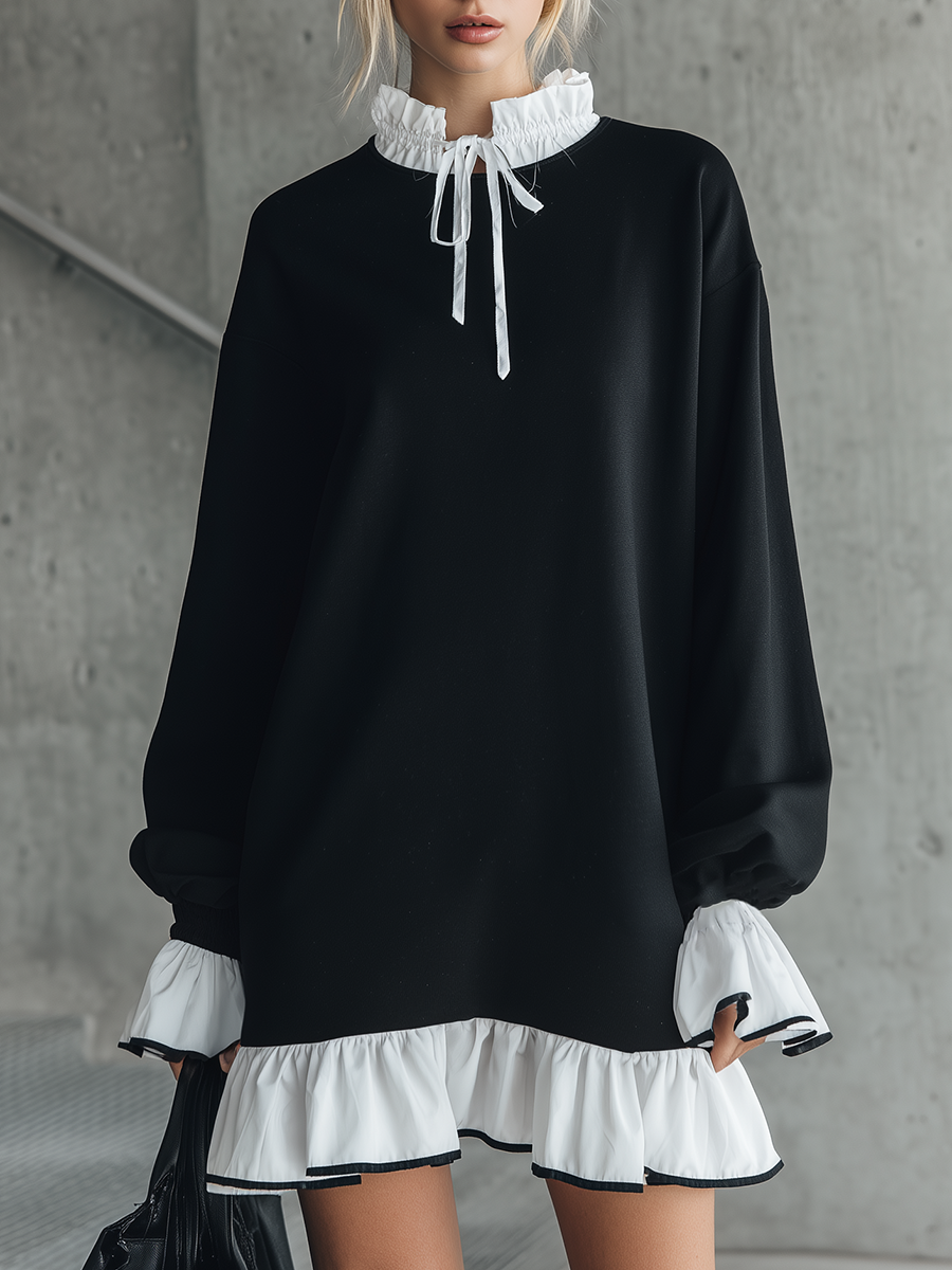 Stylish And Sporty Color-blocked Ruffled Collar And Hem Black Mini Dress