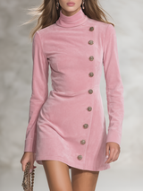 Retro-style Stand-up Collar Decorative Buttons Faux Suede Mini Dress