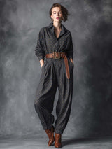 Vintage Fashiona Lapel Front Button Gold-plated Silver Polka Dot Pattern Dark Gray Denim Jumpsuit