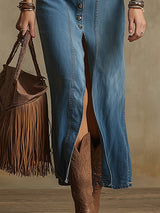 Vintage Western-style Suede-trimmed Blue Denim V-neck Maxi Dress