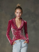Fashionable Retro Floral Embroidered Rose Red Velvet Ruffled Long-sleeved Shirt