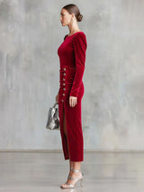 Elegant Round Neck Button-down Side Slit Long Sleeve Velvet Midi Dress