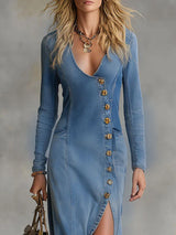 V-neck Single-breasted Side-slit Denim Long-sleeved Maxi Dress