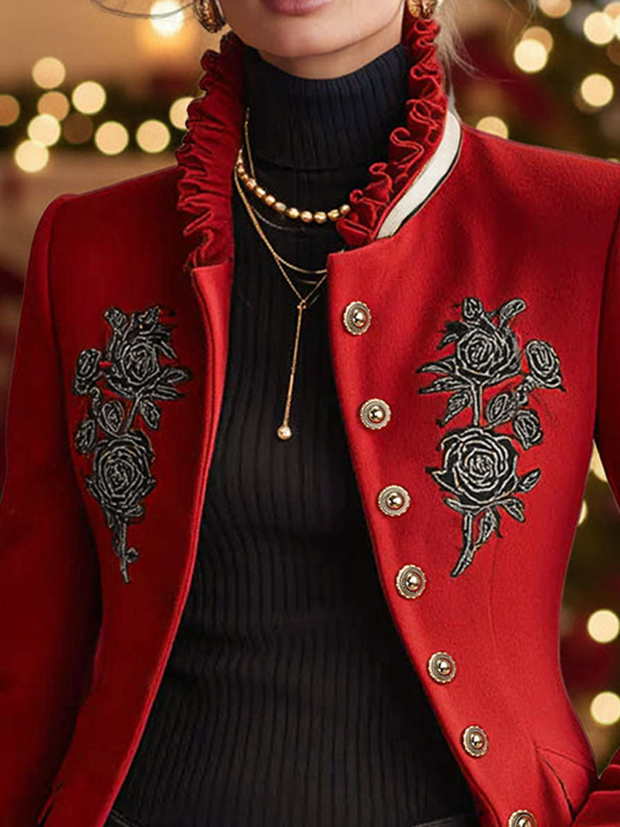 Ruffled Stand-up Collar Single-breasted Rose Embroidered Woolen Jacket