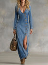 V-neck Single-breasted Side-slit Denim Long-sleeved Maxi Dress