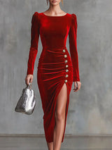 Elegant Round Neck Button-down Side Slit Long Sleeve Velvet Midi Dress