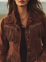 Western-style Brown Suede Tassel Zip-up Jacket