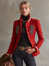 Ruffled Stand-up Collar Single-breasted Rose Embroidered Woolen Jacket