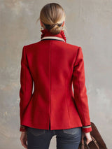 Ruffled Stand-up Collar Single-breasted Rose Embroidered Woolen Jacket