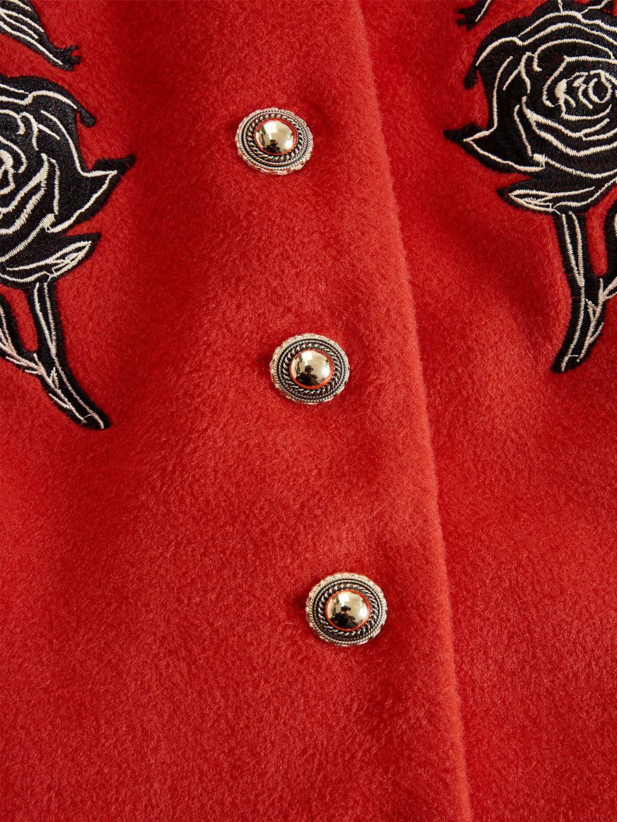 Ruffled Stand-up Collar Single-breasted Rose Embroidered Woolen Jacket
