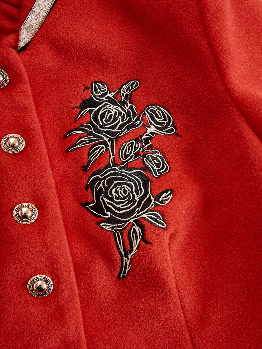 Ruffled Stand-up Collar Single-breasted Rose Embroidered Woolen Jacket