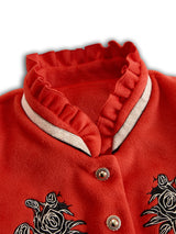 Ruffled Stand-up Collar Single-breasted Rose Embroidered Woolen Jacket